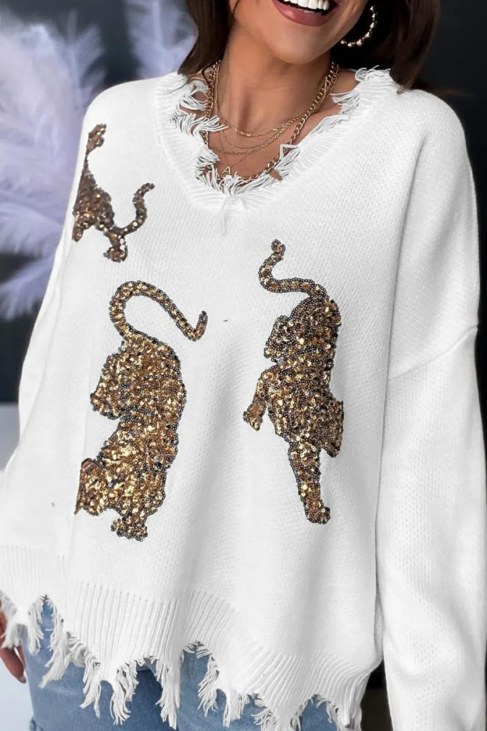 Best Dear-Lover Frayed Sequin Tiger Sweater White