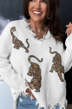 Best Dear-Lover Frayed Sequin Tiger Sweater White