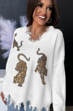 Best Dear-Lover Frayed Sequin Tiger Sweater White