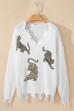 Best Dear-Lover Frayed Sequin Tiger Sweater White