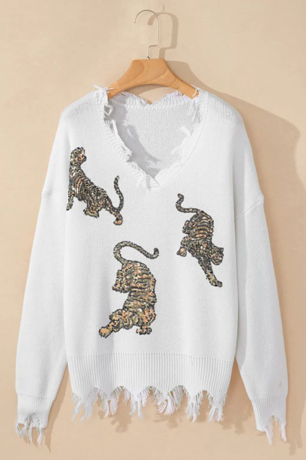 Best Dear-Lover Frayed Sequin Tiger Sweater White