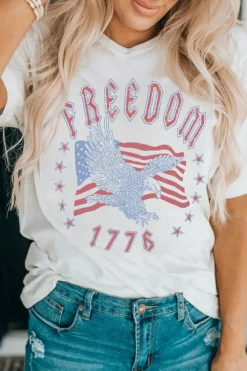 Online Dear-Lover FREEDOM Eagle Flag Print 1776 Graphic Tee White