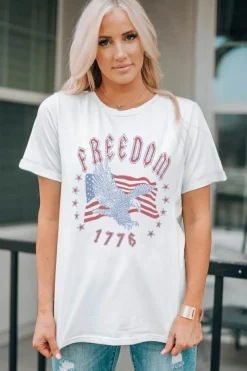 Online Dear-Lover FREEDOM Eagle Flag Print 1776 Graphic Tee White