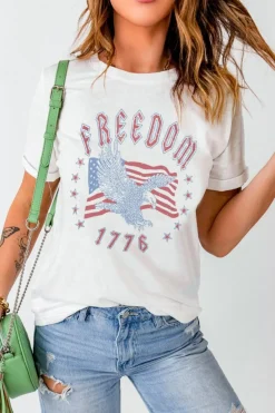 Online Dear-Lover FREEDOM Eagle Flag Print 1776 Graphic Tee White