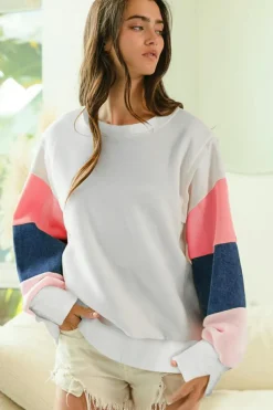 Discount Dear-Lover French Terry Color Block Long Sleeve Top White