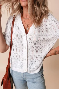 Online Dear-Lover Frenchy Hollow Out Knitted V Neck Cardigan White