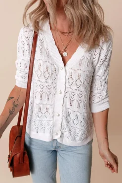 Online Dear-Lover Frenchy Hollow Out Knitted V Neck Cardigan White