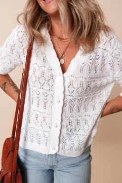 Online Dear-Lover Frenchy Hollow Out Knitted V Neck Cardigan White