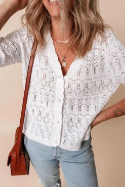 Online Dear-Lover Frenchy Hollow Out Knitted V Neck Cardigan White