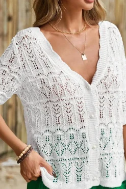 Online Dear-Lover Frenchy Hollow Out Knitted V Neck Cardigan White