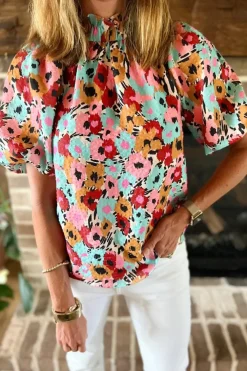 Sale Dear-Lover Frilled High Neck Buttons Back Floral Blouse White