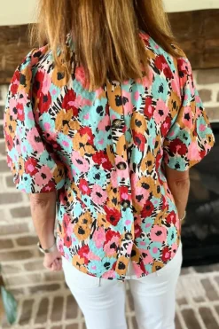 Sale Dear-Lover Frilled High Neck Buttons Back Floral Blouse White