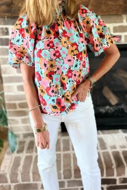 Sale Dear-Lover Frilled High Neck Buttons Back Floral Blouse White