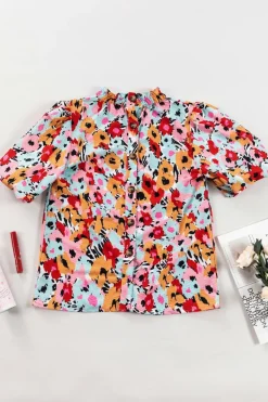 Sale Dear-Lover Frilled High Neck Buttons Back Floral Blouse White