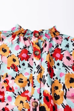 Sale Dear-Lover Frilled High Neck Buttons Back Floral Blouse White