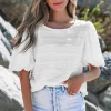 Fashion Dear-Lover Frilled Lace Trim Bubble Sleeve Blouse White