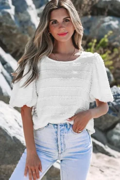 Fashion Dear-Lover Frilled Lace Trim Bubble Sleeve Blouse White