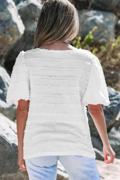 Fashion Dear-Lover Frilled Lace Trim Bubble Sleeve Blouse White