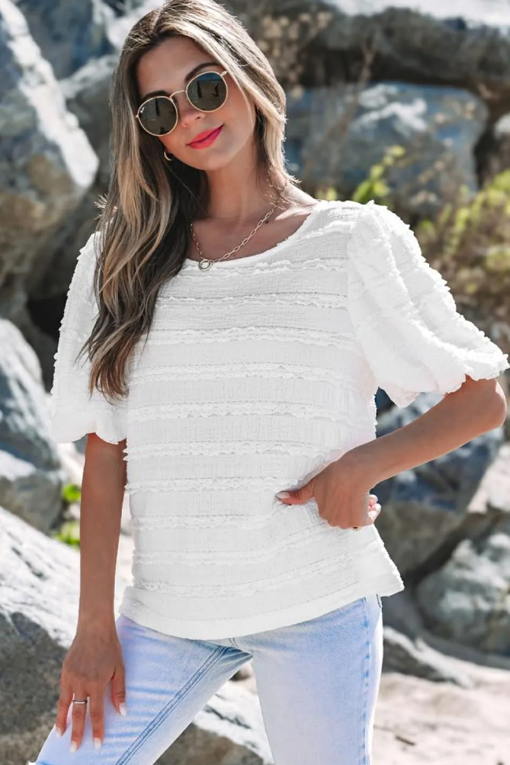 Fashion Dear-Lover Frilled Lace Trim Bubble Sleeve Blouse White
