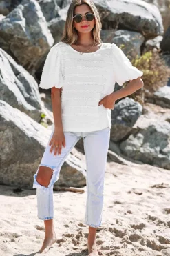 Fashion Dear-Lover Frilled Lace Trim Bubble Sleeve Blouse White
