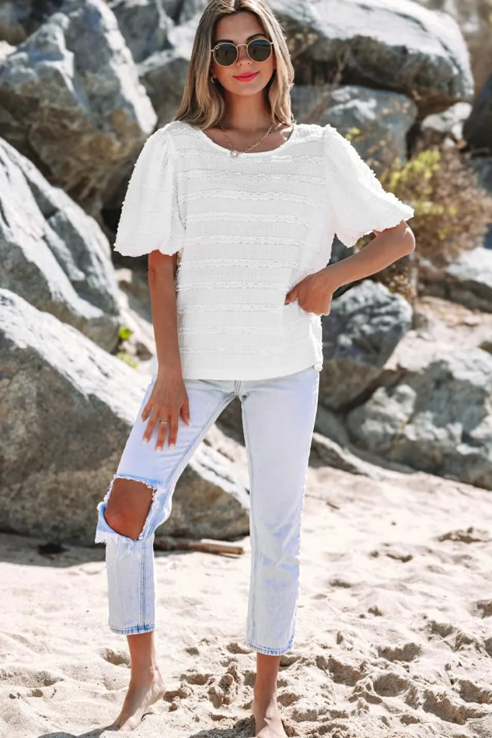 Fashion Dear-Lover Frilled Lace Trim Bubble Sleeve Blouse White