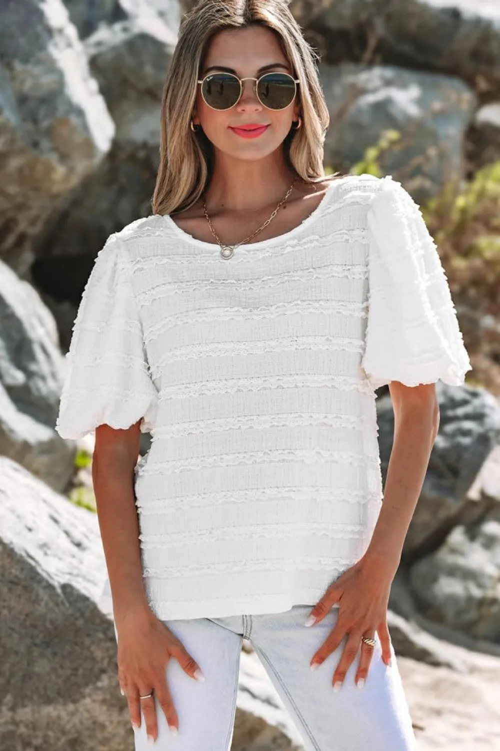 Fashion Dear-Lover Frilled Lace Trim Bubble Sleeve Blouse White