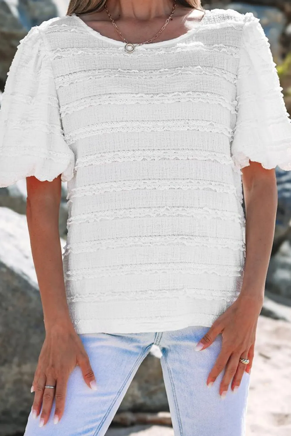 Fashion Dear-Lover Frilled Lace Trim Bubble Sleeve Blouse White