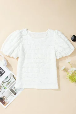 Fashion Dear-Lover Frilled Lace Trim Bubble Sleeve Blouse White