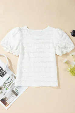 Fashion Dear-Lover Frilled Lace Trim Bubble Sleeve Blouse White