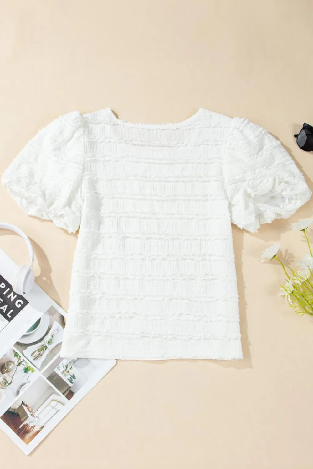 Fashion Dear-Lover Frilled Lace Trim Bubble Sleeve Blouse White