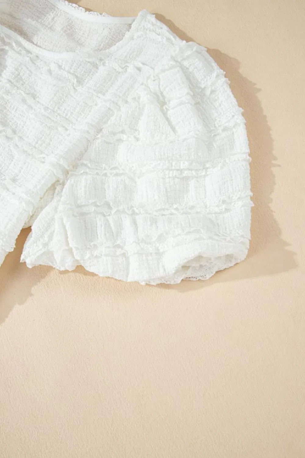 Fashion Dear-Lover Frilled Lace Trim Bubble Sleeve Blouse White