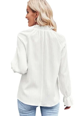 Hot Dear-Lover Frilled Mock Neck Ripple Bubble Sleeve Blouse White
