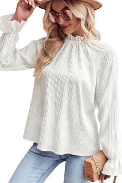 Hot Dear-Lover Frilled Mock Neck Ripple Bubble Sleeve Blouse White
