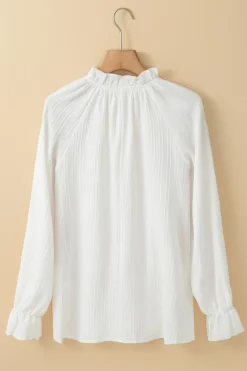 Hot Dear-Lover Frilled Mock Neck Ripple Bubble Sleeve Blouse White