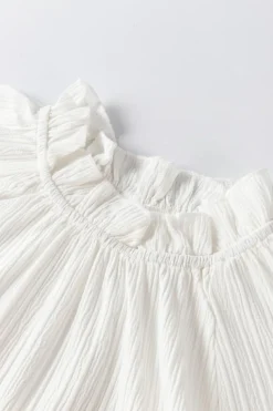 Hot Dear-Lover Frilled Mock Neck Ripple Bubble Sleeve Blouse White
