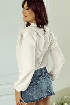 Best Dear-Lover Frilled Neck Ruffled Trim Bubble Sleeve Blouse White