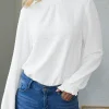 Online Dear-Lover Frilled Smocked Neck Textured Bishop Sleeve Blouse White