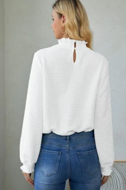 Online Dear-Lover Frilled Smocked Neck Textured Bishop Sleeve Blouse White