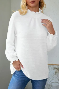 Online Dear-Lover Frilled Smocked Neck Textured Bishop Sleeve Blouse White