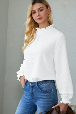 Online Dear-Lover Frilled Smocked Neck Textured Bishop Sleeve Blouse White