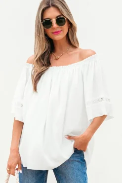 Hot Dear-Lover Frilly Off Shoulder Lace Insert Sleeve Textured Blouse White