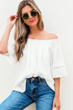 Hot Dear-Lover Frilly Off Shoulder Lace Insert Sleeve Textured Blouse White