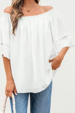 Hot Dear-Lover Frilly Off Shoulder Lace Insert Sleeve Textured Blouse White
