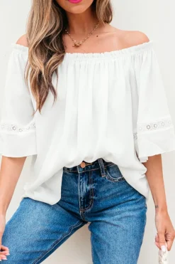 Hot Dear-Lover Frilly Off Shoulder Lace Insert Sleeve Textured Blouse White