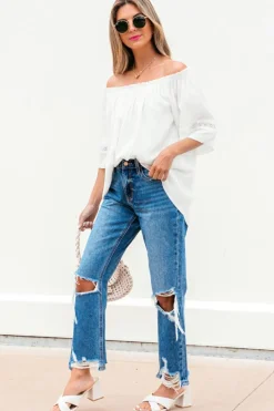 Hot Dear-Lover Frilly Off Shoulder Lace Insert Sleeve Textured Blouse White