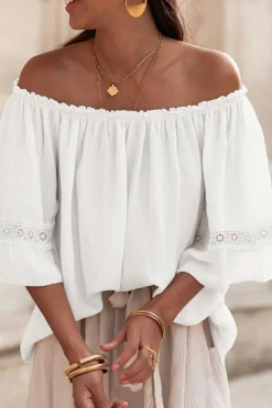 Hot Dear-Lover Frilly Off Shoulder Lace Insert Sleeve Textured Blouse White