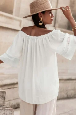 Hot Dear-Lover Frilly Off Shoulder Lace Insert Sleeve Textured Blouse White