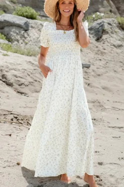 Best Dear-Lover Frilly Shirred Bodice Tiered Floral Maxi Dress White