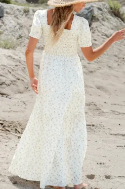 Best Dear-Lover Frilly Shirred Bodice Tiered Floral Maxi Dress White