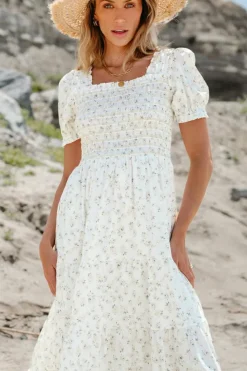 Best Dear-Lover Frilly Shirred Bodice Tiered Floral Maxi Dress White